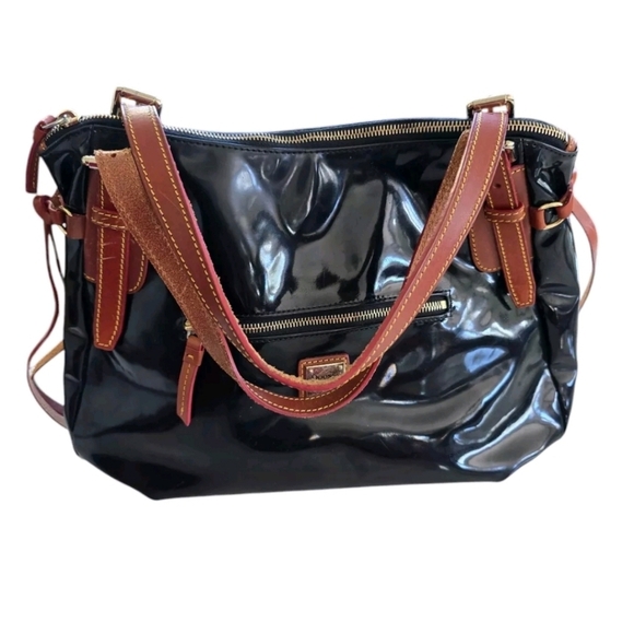 VTG Dooney & Bourke Satchel Handbag Patent Leather Black Nina Large Y2k - Picture 1 of 14